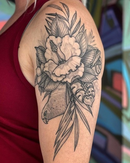 Pigeon with Flowers and Leaves Tattoo 