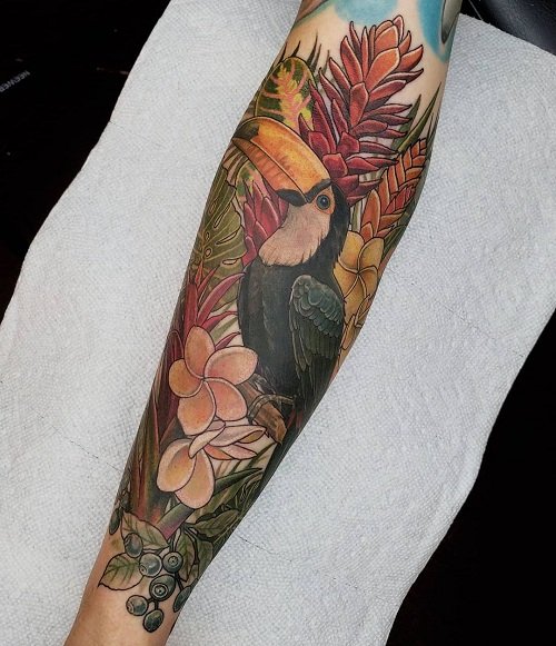 Toucan and Tropical Flowers tattoo ideas