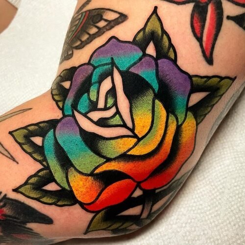 Traditional Rainbow Rose Tattoo