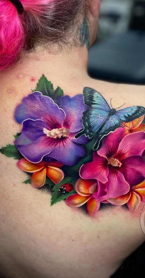 ropical Flowers and Butterfly Tattoo