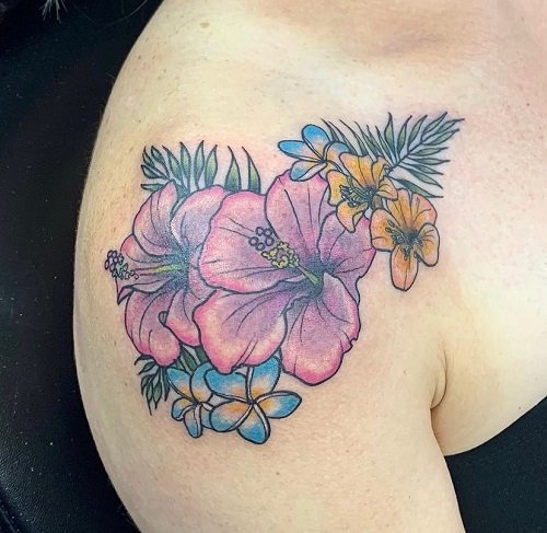 Tropical Shoulder Flowers Tattoo Ideas 23