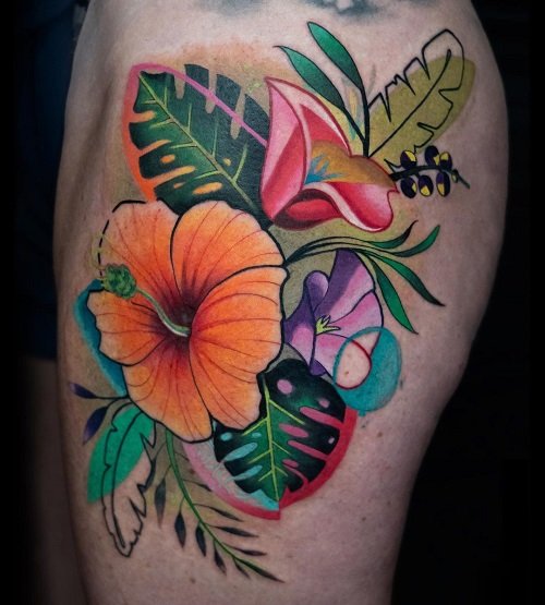 Monstera with Flowers Tattoo
