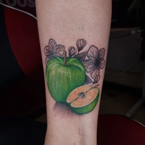 Green Apple with Flowers apple tattoo ideas