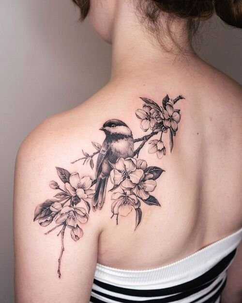 Chickadee on Apple Blossom Branch Tattoo designs