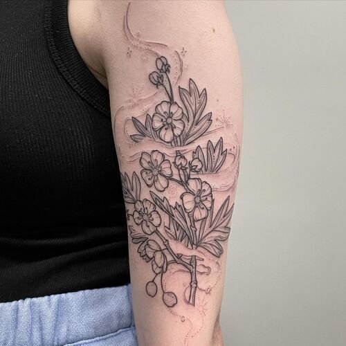 Irish Hawthorn Arm Piece May birth month flower tattoo ideas