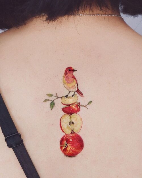 Red Bird on Cut Apples tattoo ideas