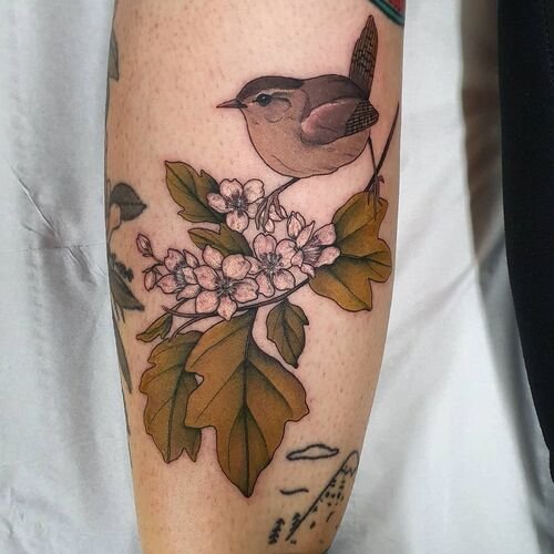  Hawthorn May Birth Flower and Wren