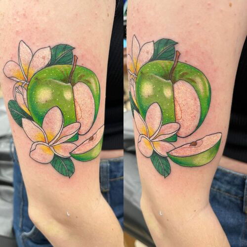 Green Apple with Plumerias apple tattoo ideas