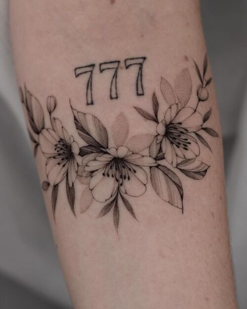 Freehand Cherry Blossoms and 777 Tattoo 3