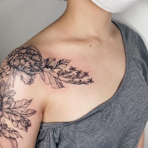 Sunflower and Mum Flower Shoulder Tattoo Ideas