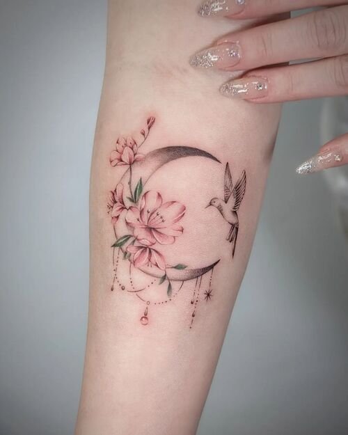 4.Cherry Blossoms, Moon, and Hummingbird Tattoo 4