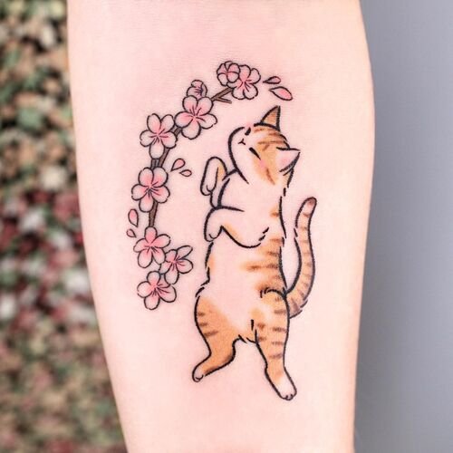 Cherry Blossom and Cat tattoo 5
