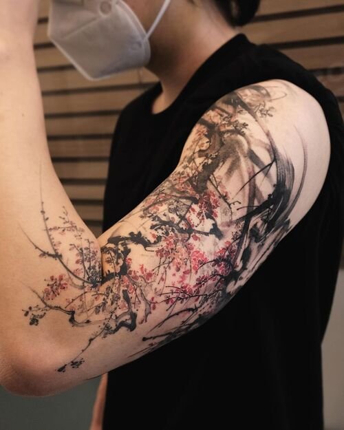 Arm Piece with Cherry Blossom tattoo 7