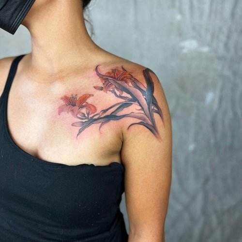 Daylily Flowers on Shoulder tattoo idea