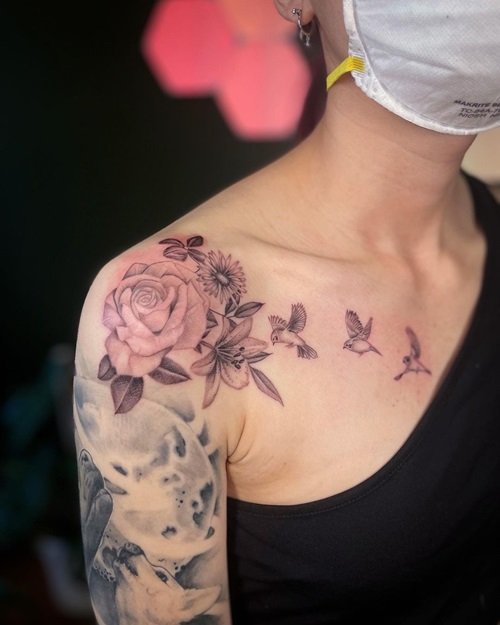 Floral Shoulder with Cute Sparrows flower tattoo idea