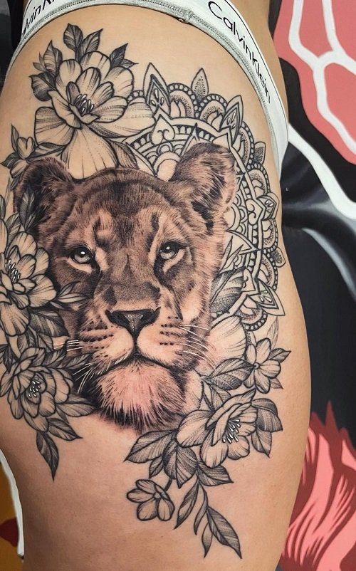 Lioness Thigh Tattoo