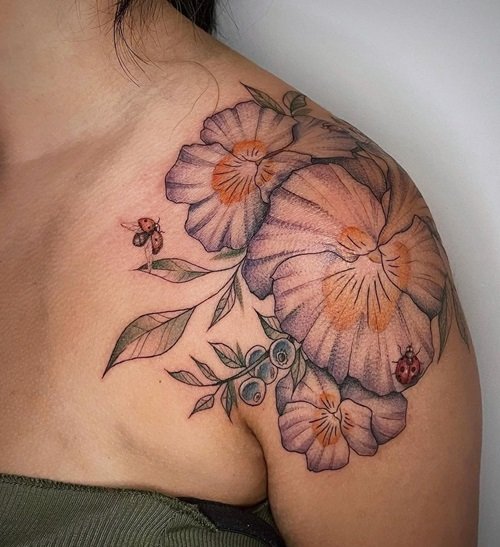Flowers with Ladybugs on Shoulders Tattoo ideas