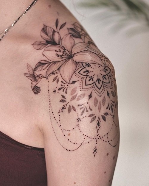 Flowers with Mandala Shoulder Tattoo Ideas