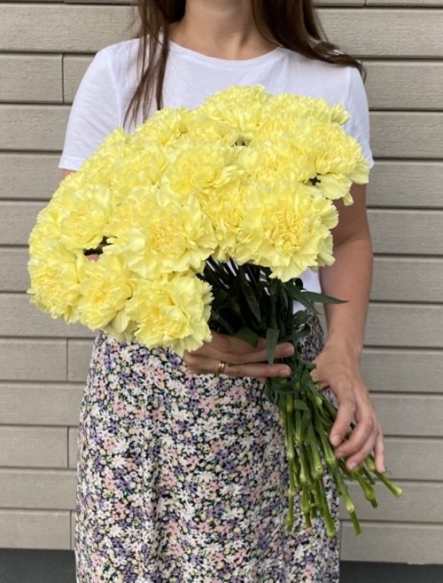 Girl hold Yellow Carnation bouquet