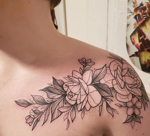 Rose Flower Outlines on Shoulders tattoo idea