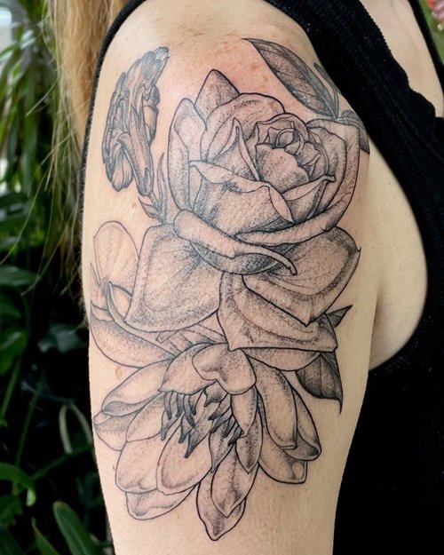 Rose, Water Lily, and Carnation flower tattoo idea