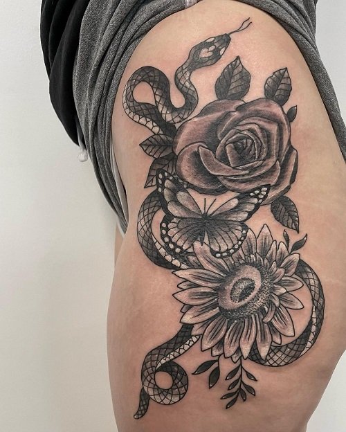 Rose and Sunflower with a Snake