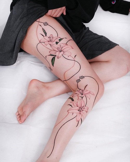Lily Flower Side Thigh Tattoo