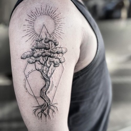 Bonsai with Sun and Solar System tattoo 