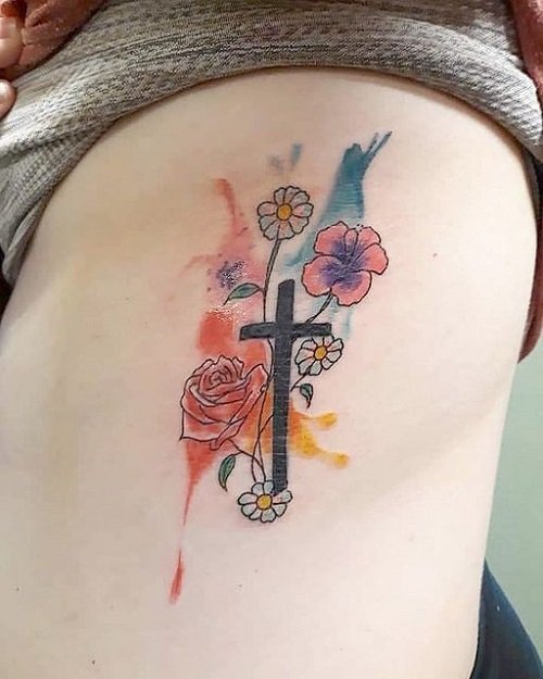 feminine cross with flowers tattoos 6