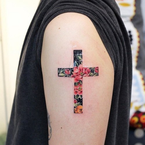 feminine cross with flowers tattoo 4