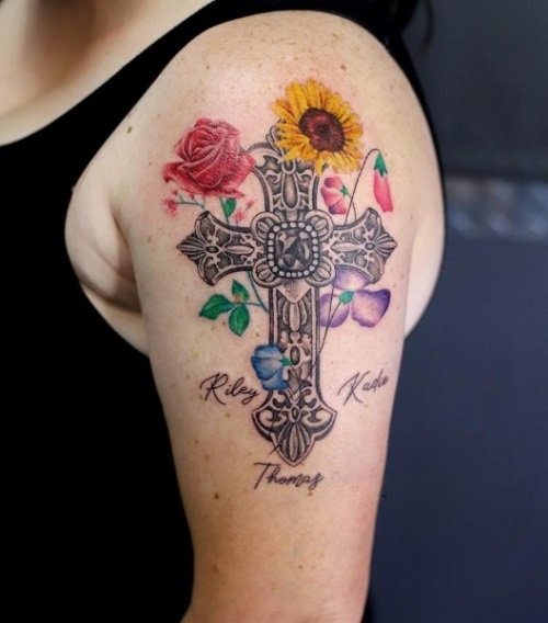 feminine cross with flowers tattoos 10