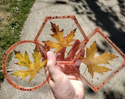 tea coaster with fallen leaves in september